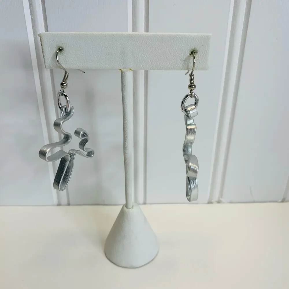 Brushed Silver Puzzle?  modern Flowy Drop Earrings 1.5
